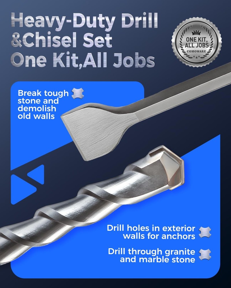 COMOWARE Rotary Hammer Drill Bits Set & Chisels- SDS Plus Concrete 17CS