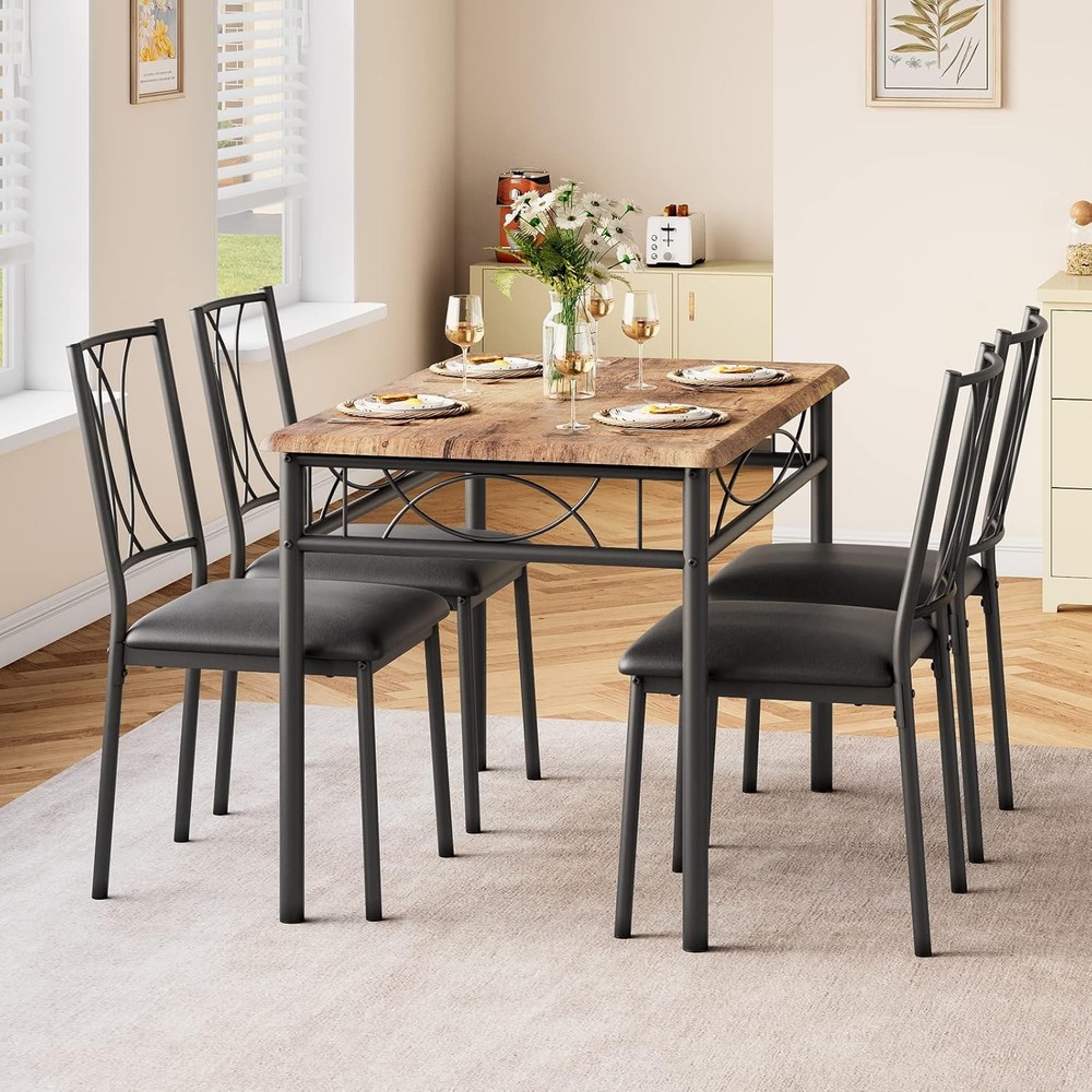Rustic Dining Table Set for 4, MDF Top & Metal Frame with Upholstered Chairs