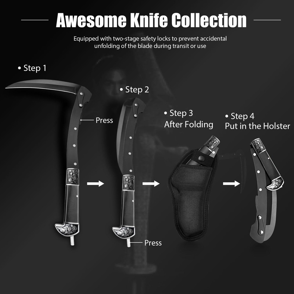Black Sharp Folding Sickle , Section Foldable Scythe , Wooden Handle Folding ...
