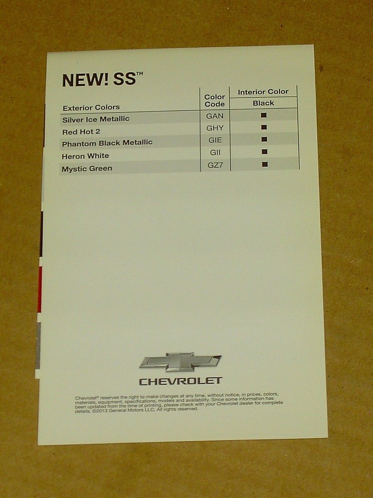 2014 CHEVROLET SS COLOR CHIP CHART BROCHURE MINT!
