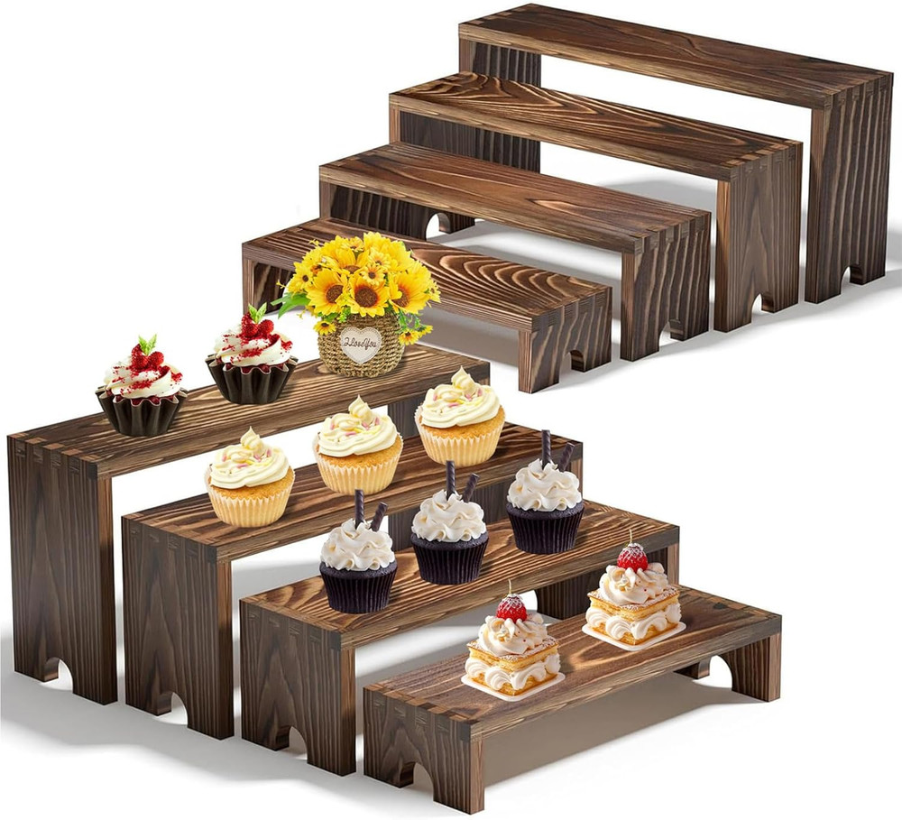 Stackable Wooden Cupcake Stand Set - Tiered Riser Display (Dark Brown, 2 Pack)