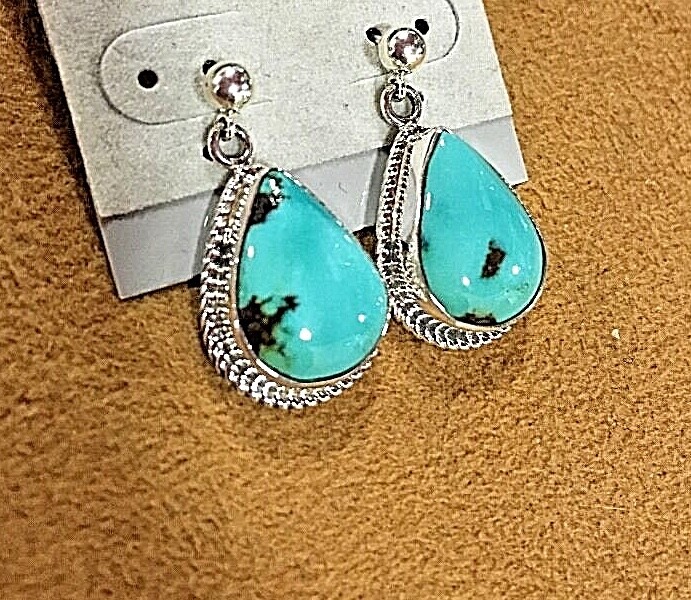 Sterling Silver .925 Turquoise Drop Earrings Signed By Navajo SH