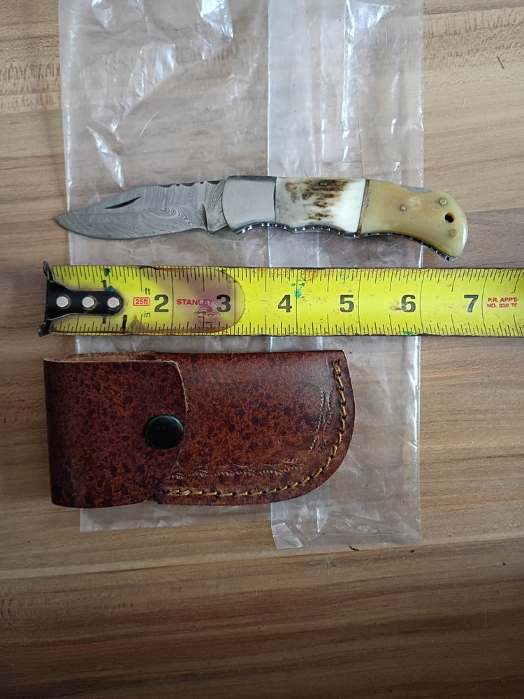 Lockblade Folder Antler/Bone Damascus Steel, Custom Made, Leather Sheath, Read
