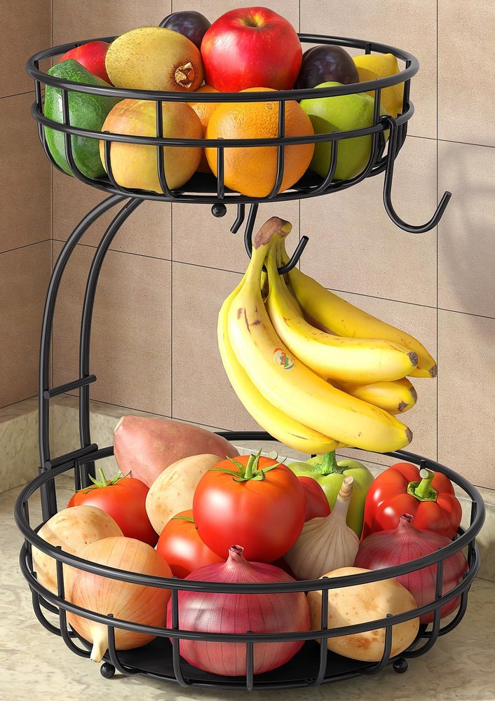 2 Tier Large Fruit Basket for Kitchen Counter with Removable Banana Hanger - ...