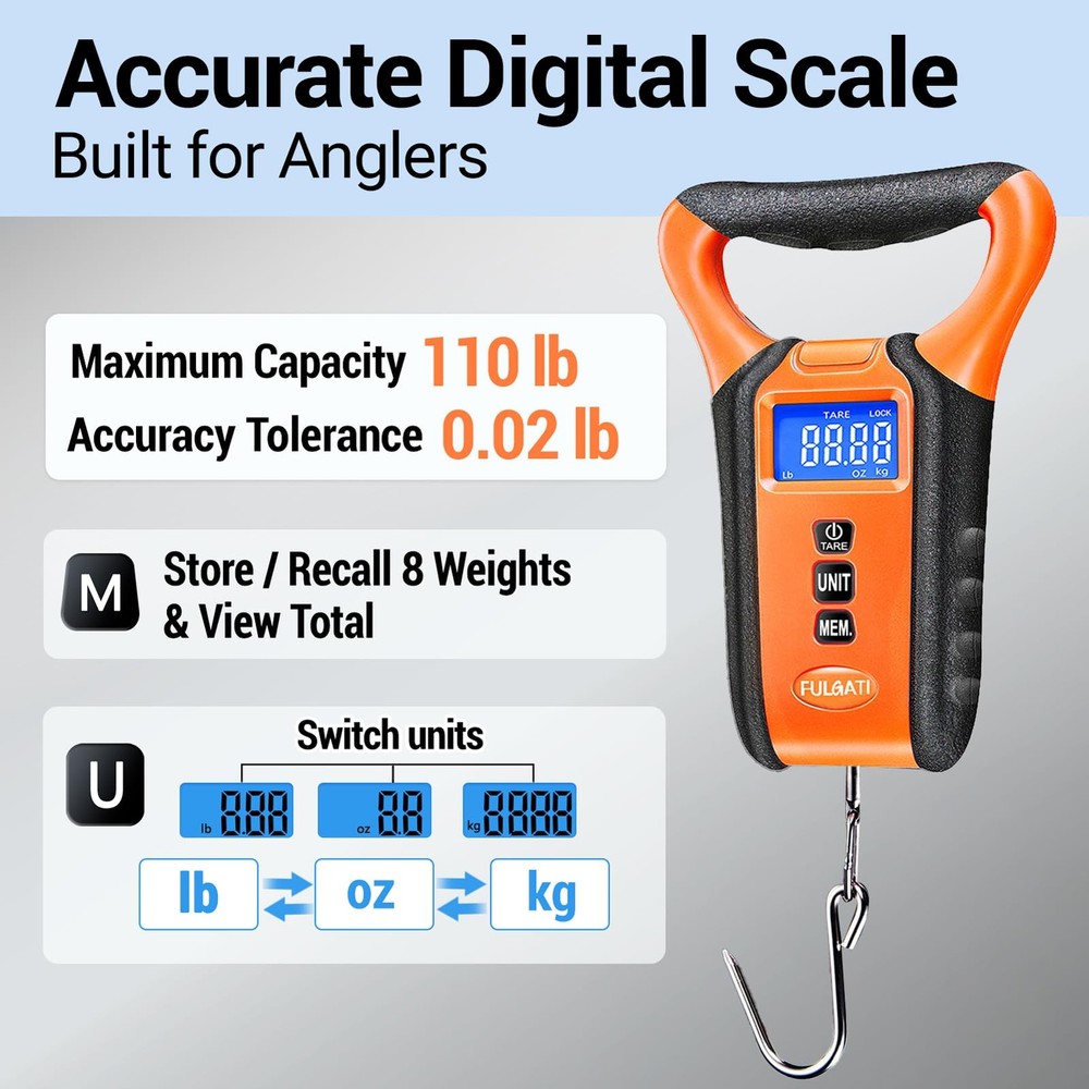 Fish Scale Digital Waterproof Floating LCD 110lb Capacity Memory Storage