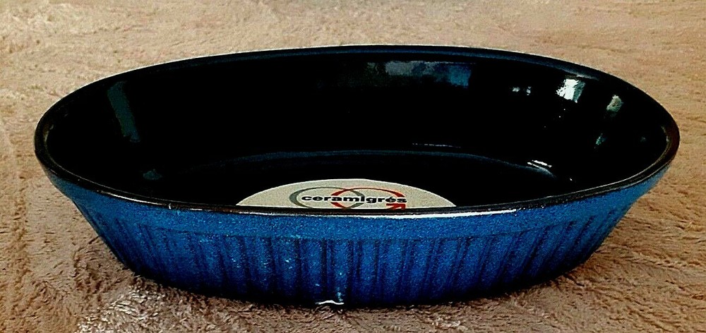 Ceramigres dark blue oval baking dish oven to table