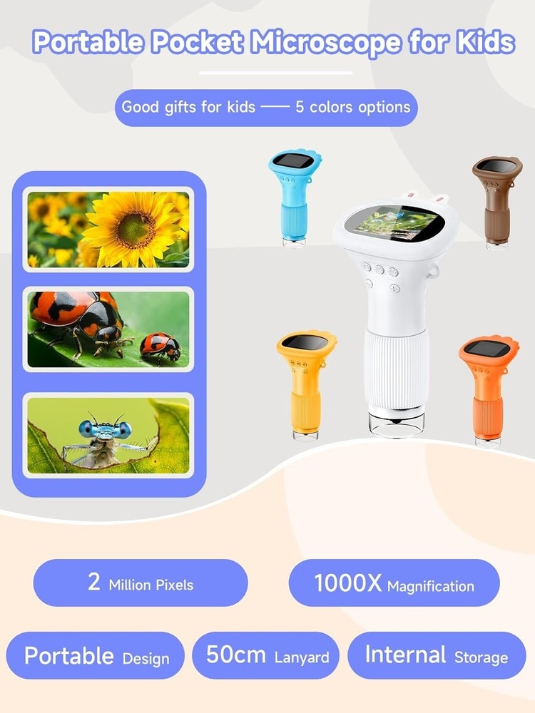 1000X Kids Microscope - 2.0'' Handheld Digital Mini Microscope for Learning