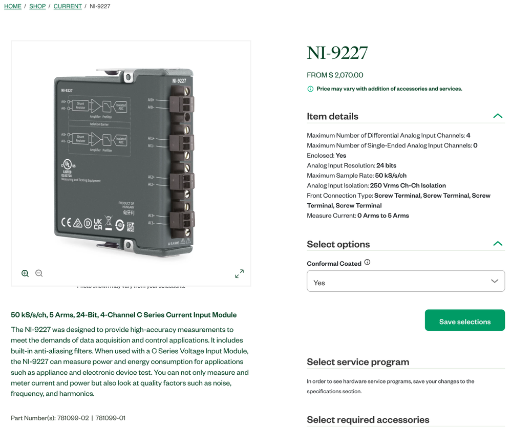 National Instruments NI-9227 Analog Input Module +/- 250Vrms 24bit