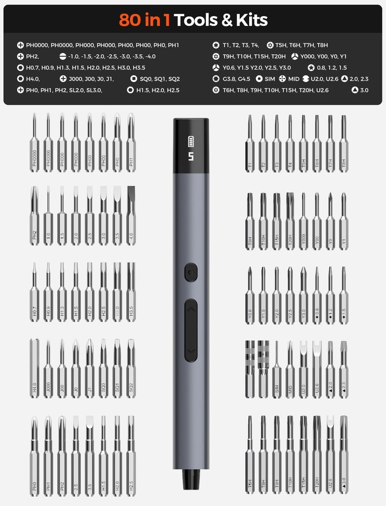 Screwdriver Set, 80-in-1 Mini Precision Screwdriver Cordless with 5 Torque Le...