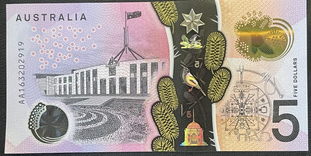 2016 $5 AA16 aUNC First Prefix Australian Polymer Banknote Five Dollar AA 16