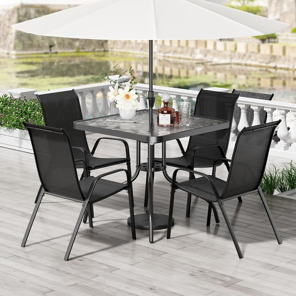 Outdoor Patio Dining Set with 4 Stackable Textilene Chairs and Square Table