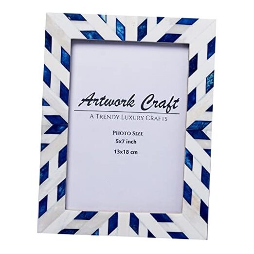 Boho 5x7 Bone Photo Frame – Handcrafted Aztec Chevron Pattern | 5x7 Inches Blue