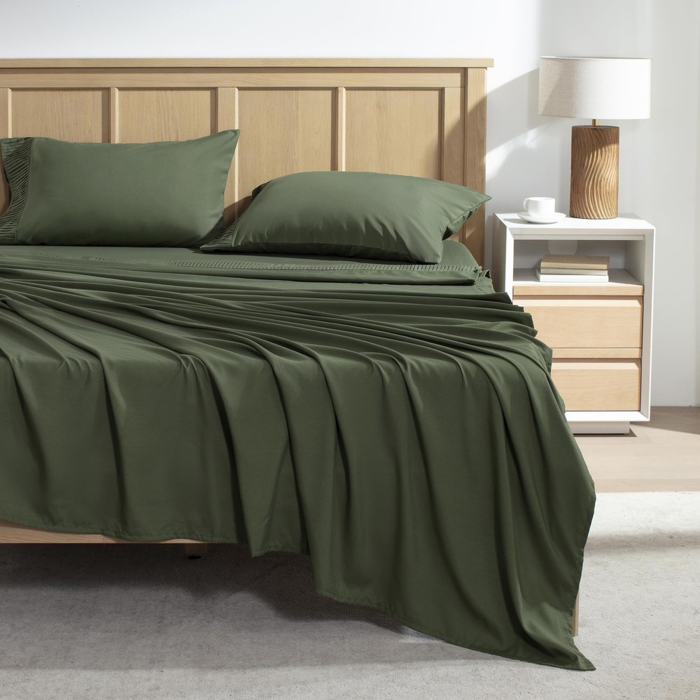 Queen Sheet Set 4 Pieces, Dark Olive Green Super Soft Sheets for Queen Size B...