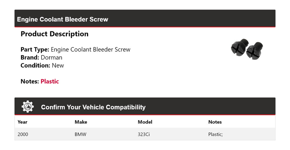 For 2000 BMW 323Ci Dorman Engine Coolant Bleeder Screw