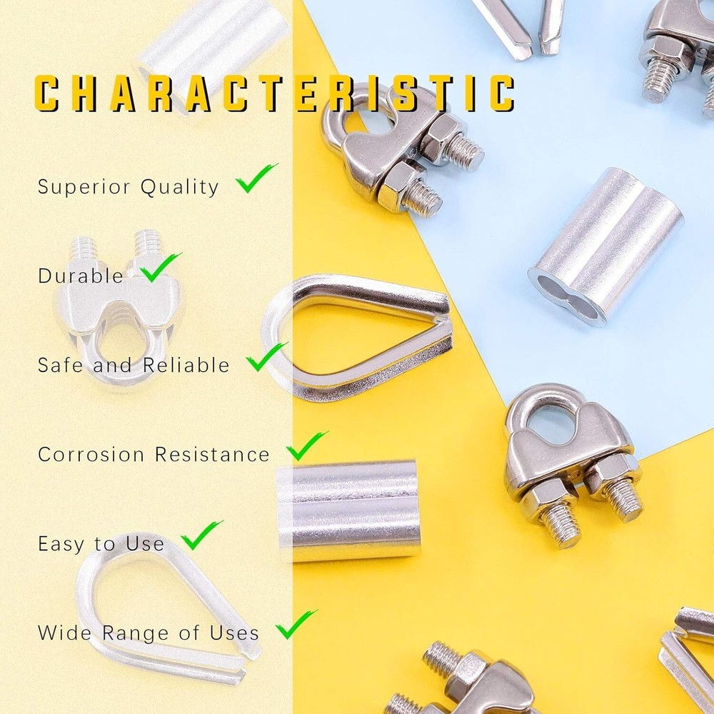 Premium Versatile Wire Rope Accessory Set - Cable Clip - Thimble - Crimping Loop
