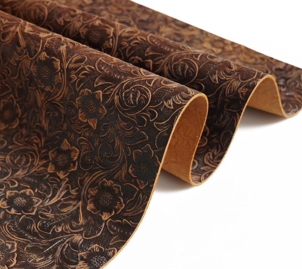 Genuine Leather Sheet Plain Geometric Pattern Printed Leather Dark Brown 12"x24"