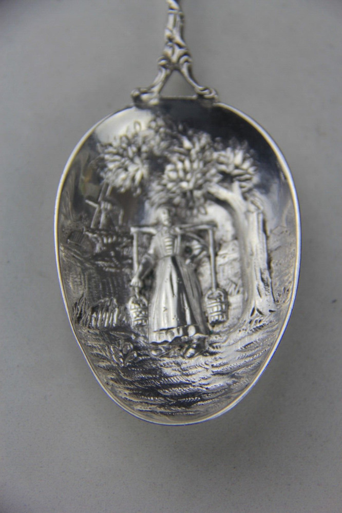 Antique Dutch Silver Spoon w/ Windmill Handle & Embossed Bowl