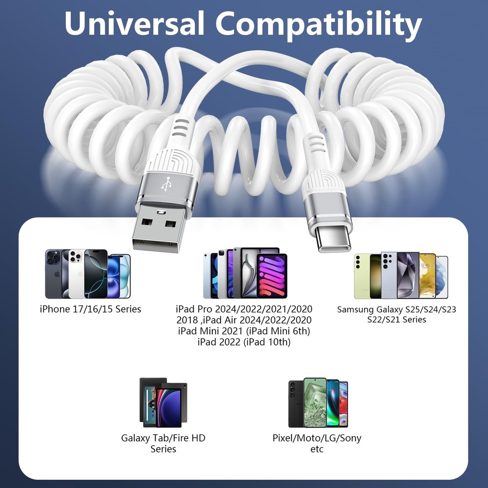 3FT Coiled USB C Cable for iPhone 17 Pro Max/16, [White] A to 3 ft, White