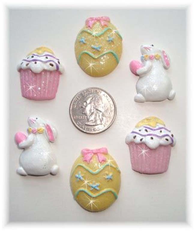 6PC EASTER RABBIT EGG CUPCAKE FLAT BACK FLATBACK RESIN FOR HAIRBOW BOW CENTER