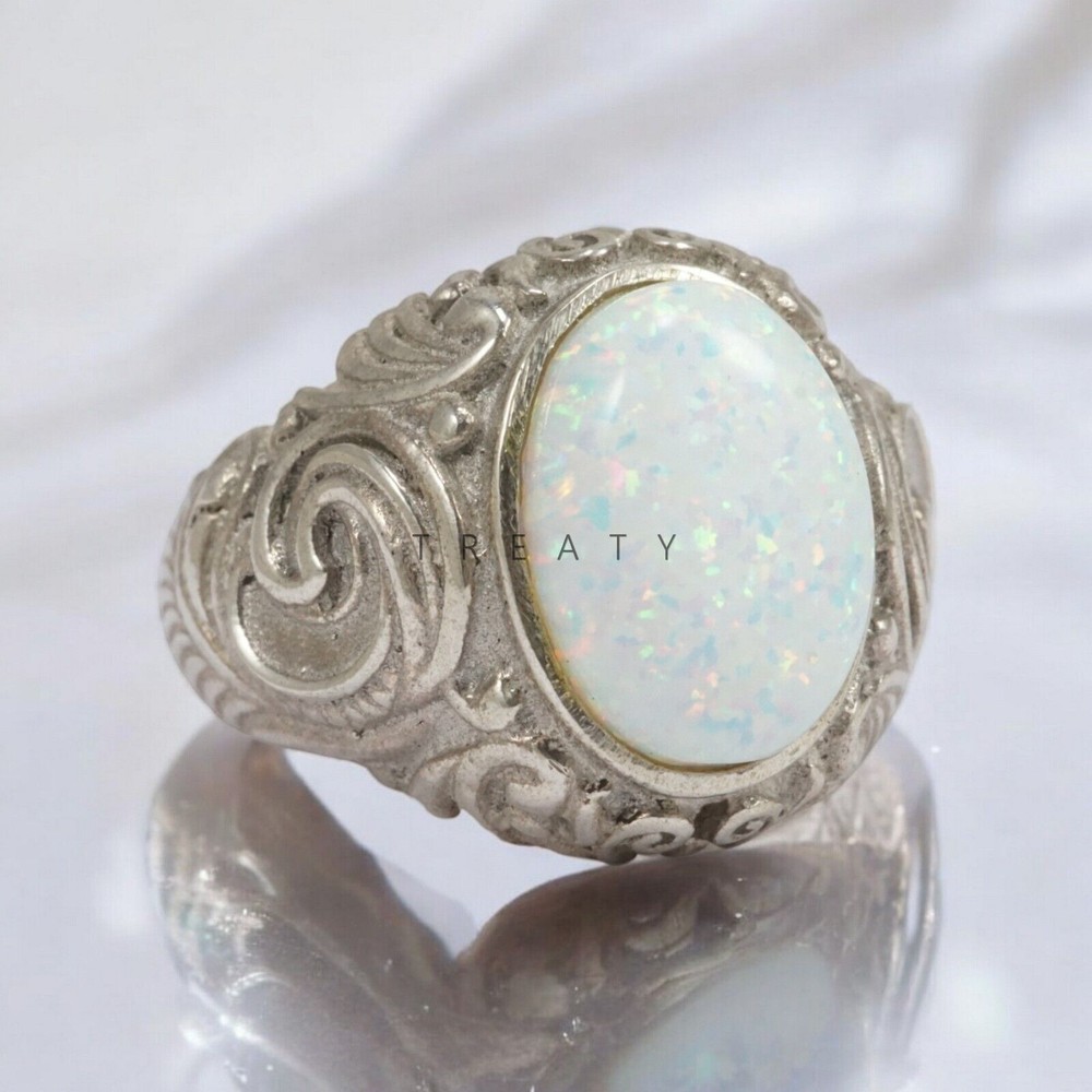 Opal Oval Cut Gemstone With 14K Solid White Gold Ring For Men's #173