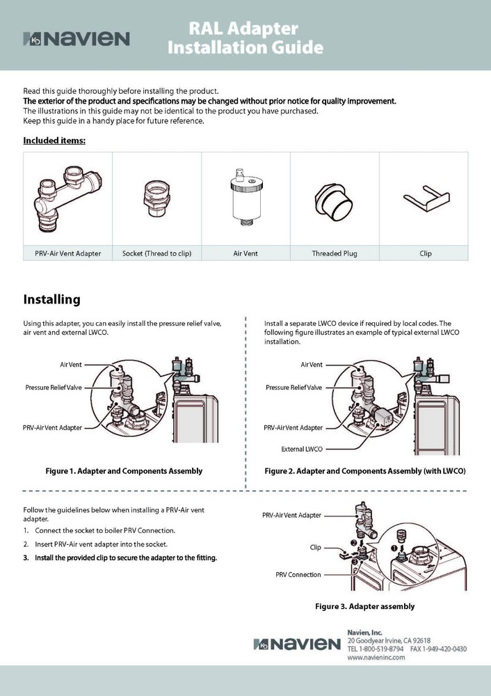 Navien NCB-H [30034413A / 30032030A] RAL Adapter for 30026576C Manifold Kit