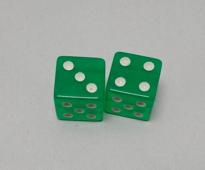 LARGE 3/4" SQUARE GREEN TRANSPARENT DICE PAIR...