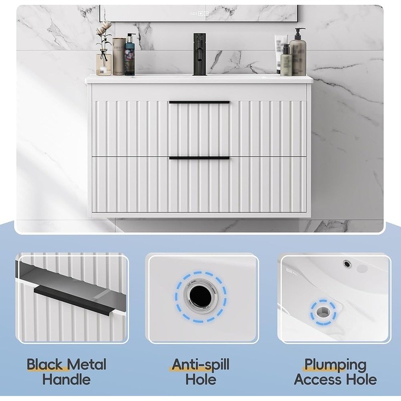 Wall-Mounted Bathroom Vanity Cabinet W/ Quiet Drawer System & Ample Storage New