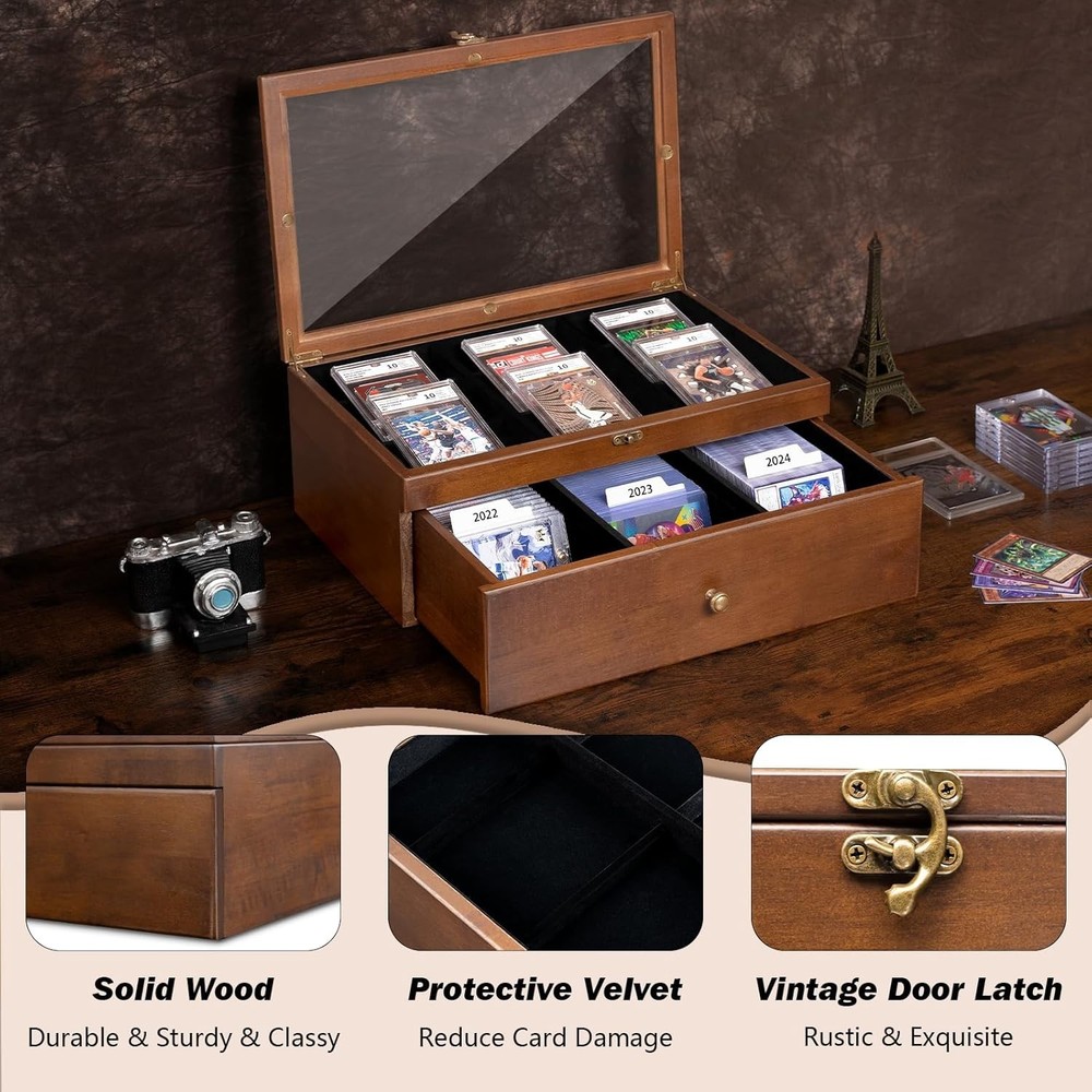 70+ Graded Card Storage Box with Custom Drawer, Wood Storage Display Case wit...