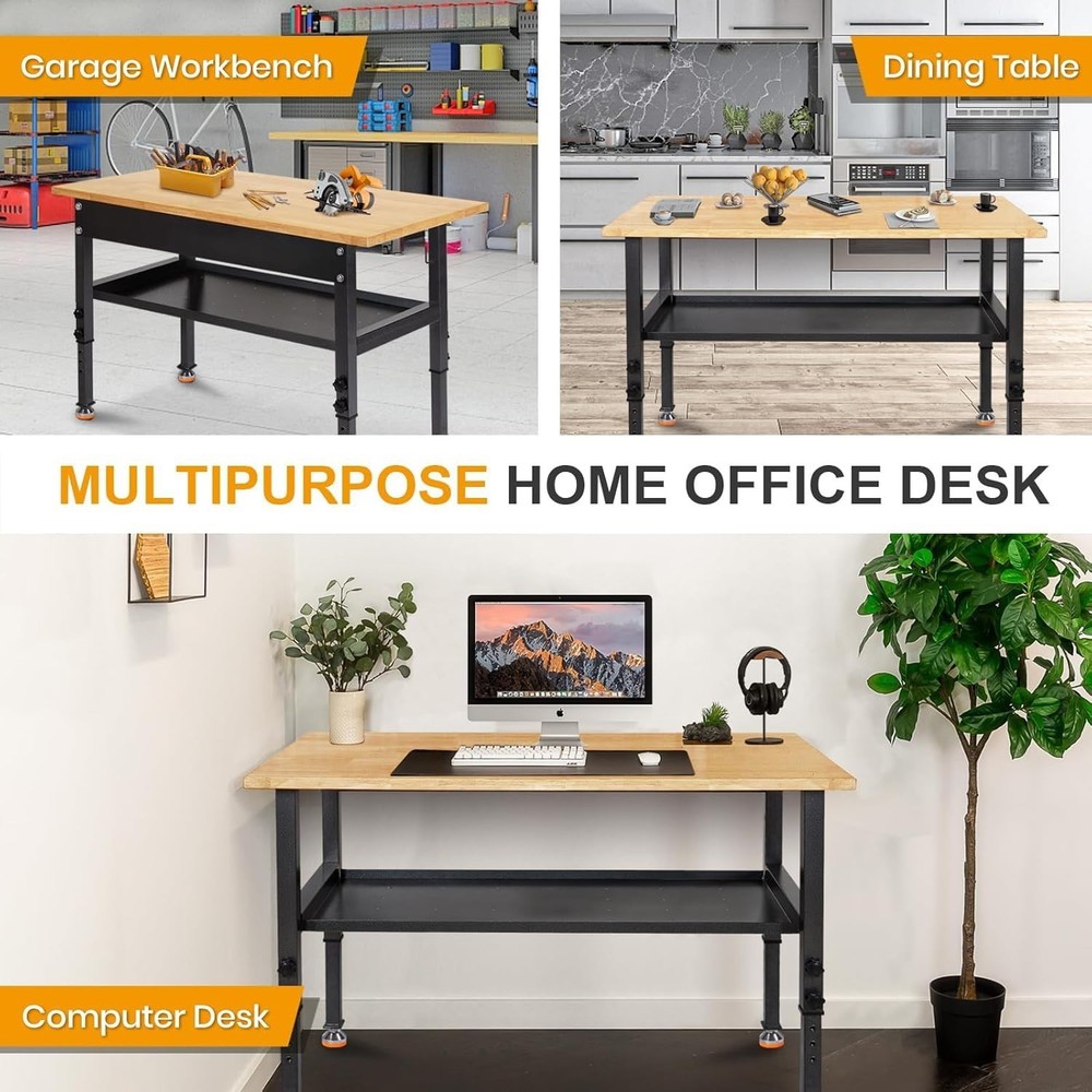 48"Adjustable Workbench with Partition, Rubber Wood Work Bench Heavy-Duty