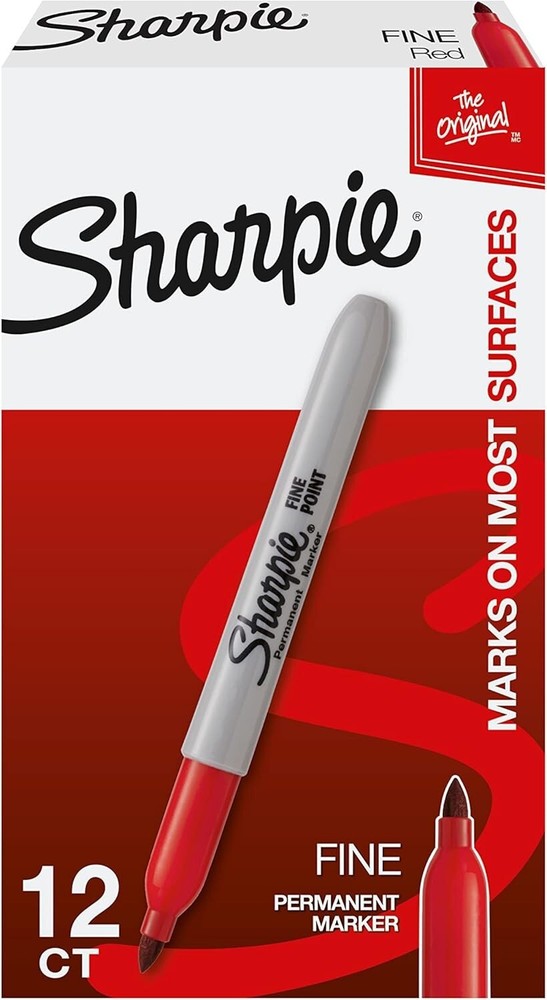 Sharpie Permanent Markers, Fine Point, Red, 12 Count
