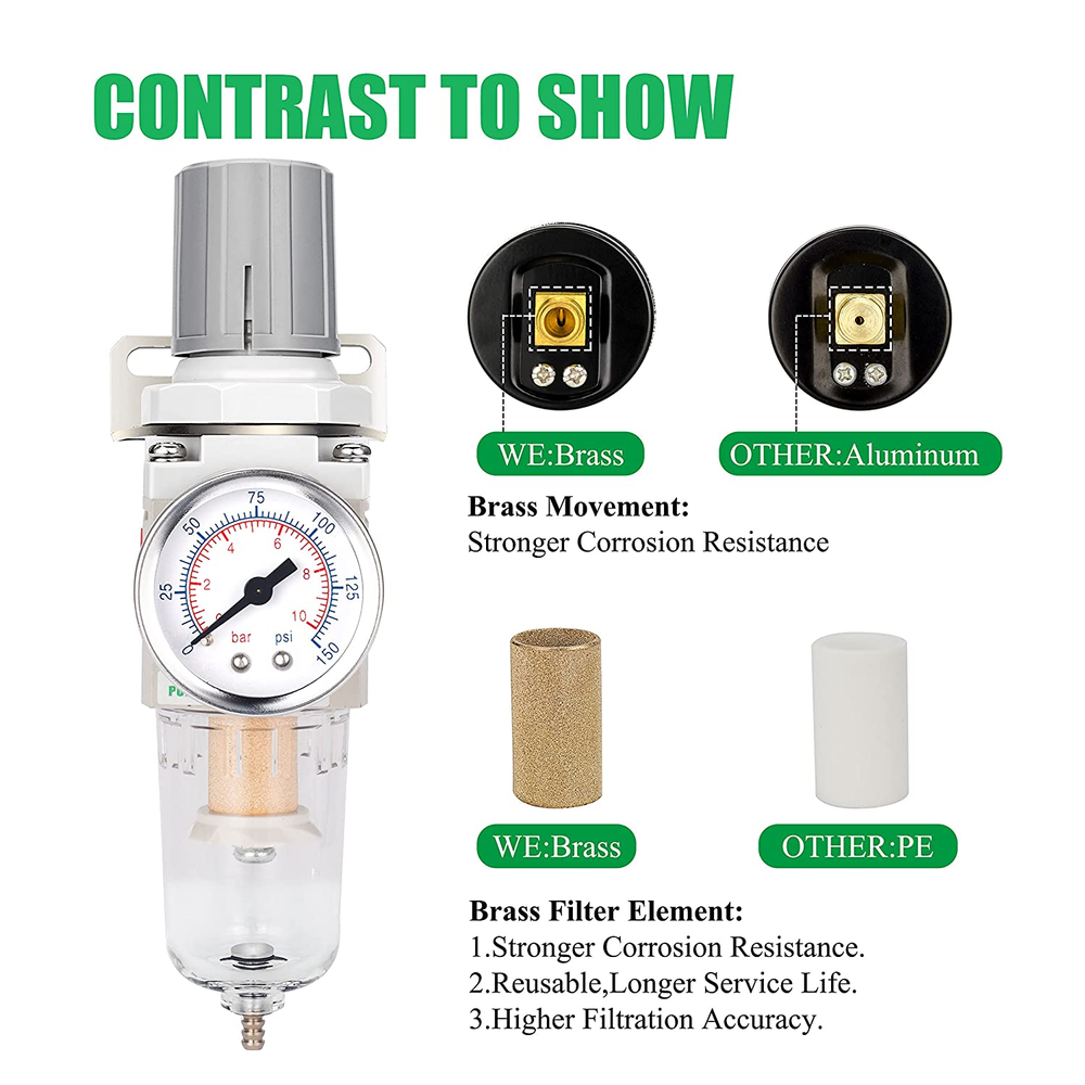 1/4" NPT Compressed Air Filter Regulator Combo Air Compressor Water Separators