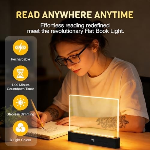 Rechargeable LED Book Light - Dimmable Flat Reading Lamp with Timer & 3 Colors,