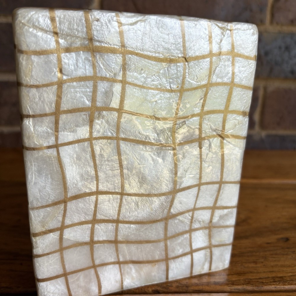 Capiz Shell Square Tissue Box Cover With Gold Plaid Pattern