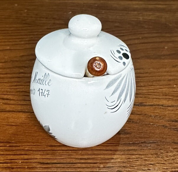 HenRiot Quimper Mustard Pot with Spoon Signed