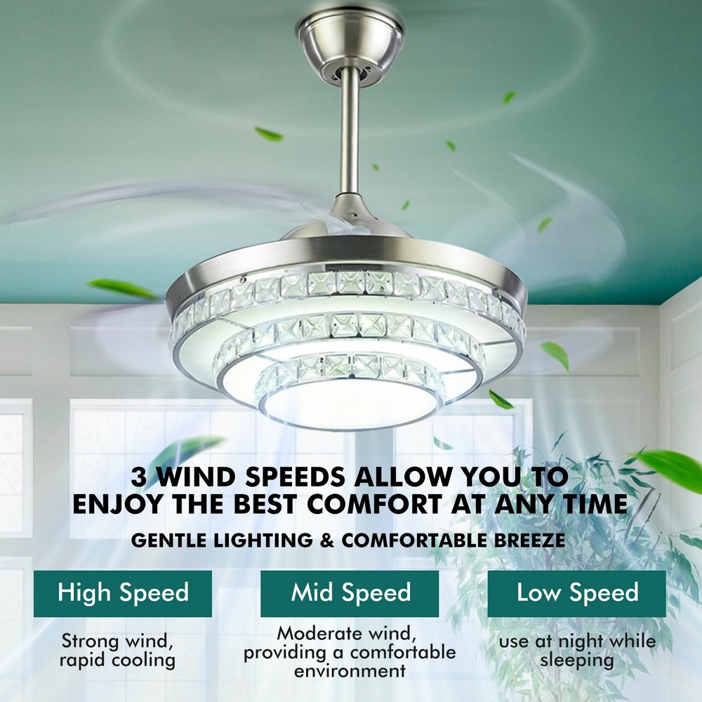 42 inches Silver 3-Ring Crystal Fan Ceiling Light