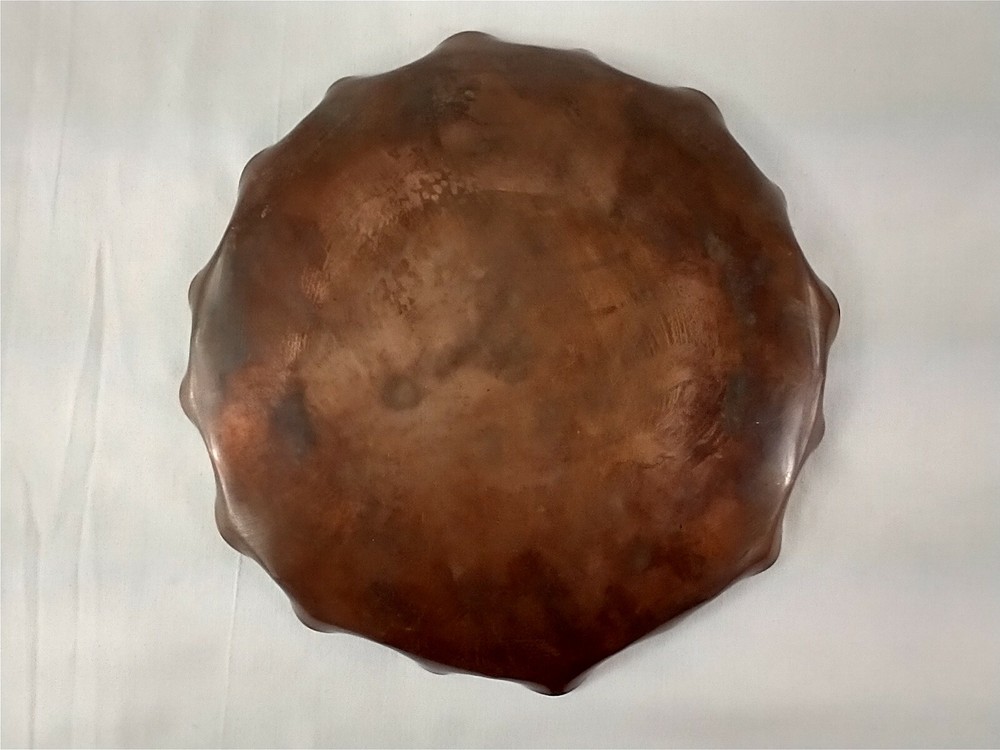 Vintage Solid Copper Dish Monogramed HE 9 3/4 in diameter 1/2 in high