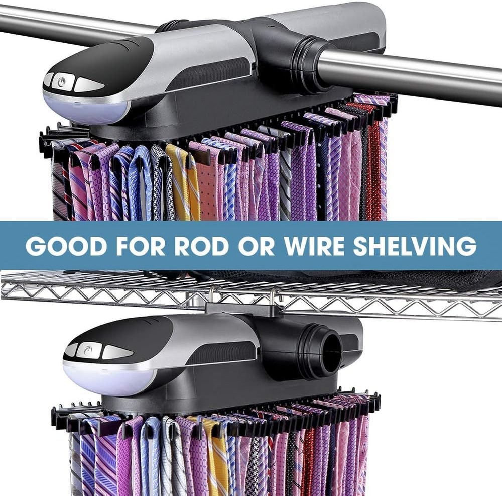 Motorized Tie Rack Closet Organizer with LED Lights Includes J Hooks for Wired..