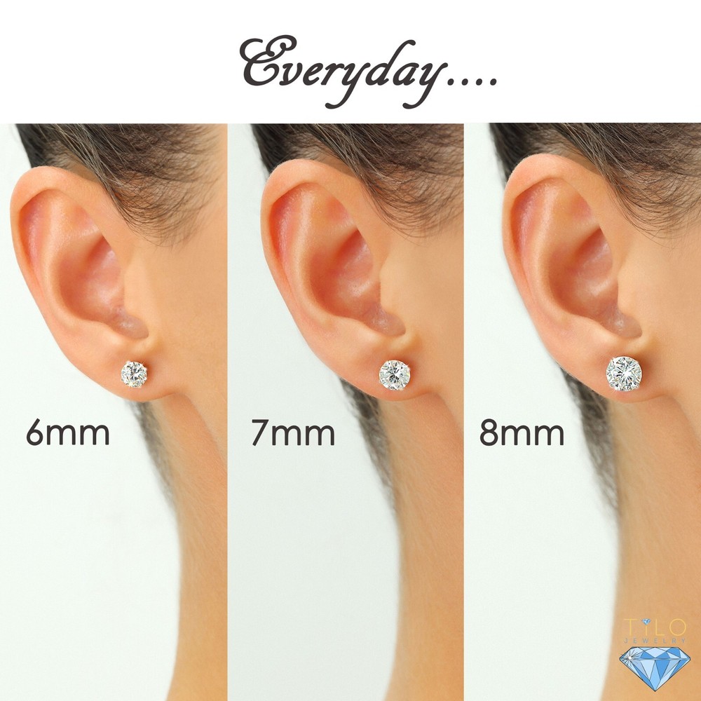 14K Solid White Gold Solitaire Round CZ Sleeper Studs Earrings Screwback 2mm-8mm