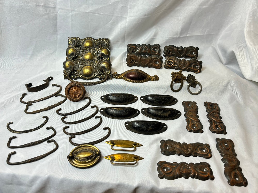 Vtg Cabinet Hardware LOT Brass Mixed Drop Bail Chippendale Backplate Cup Pulls