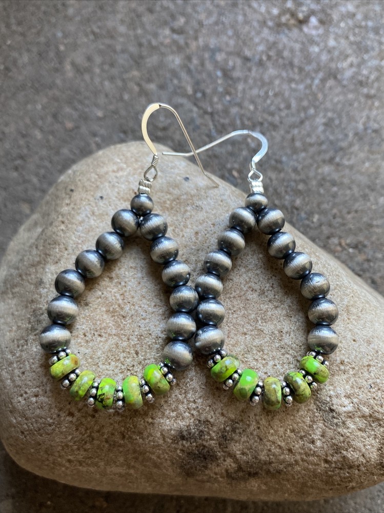 Sterling Silver Green Turquoise W Pearls Bead Loop Earrings.