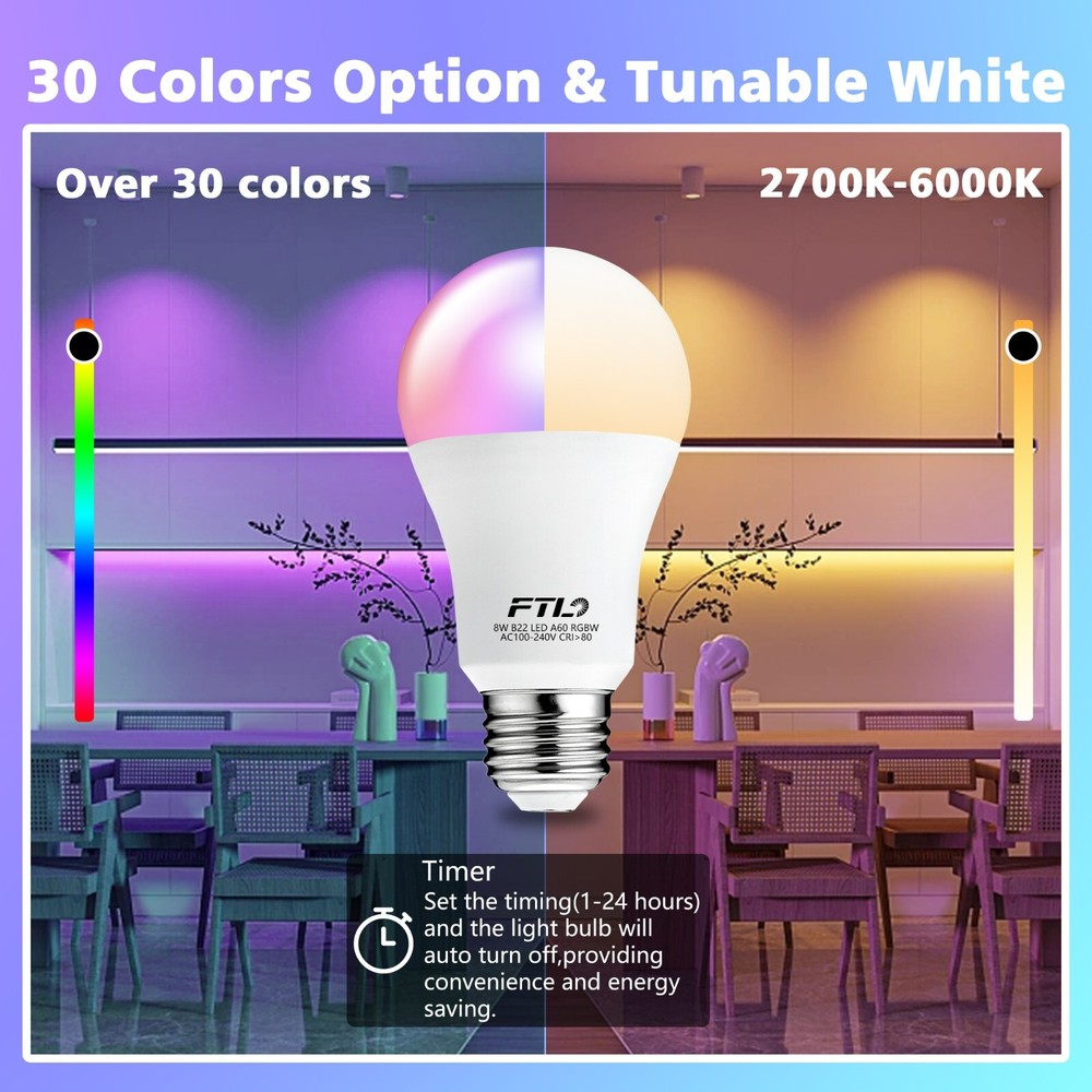 FTL 2-Pack LED Color Changing Light Bulb with Remote Control 60W Equivalent RGB