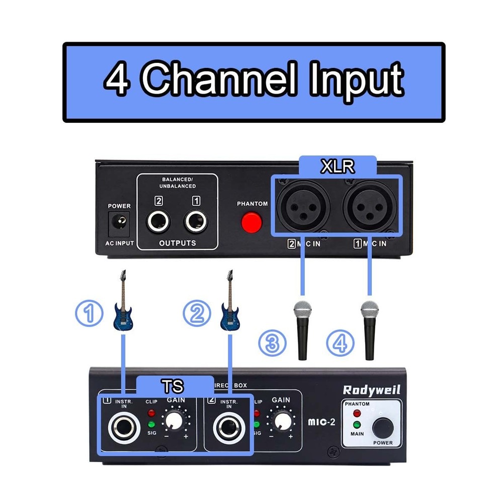 Microphone Preamp Mic Booster 4 Input Max 65db DI Box with 48V Phantom Power ...