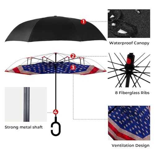 Inverted Umbrella, 49 Inch Double-Layer Vented Reverse American Flag-1