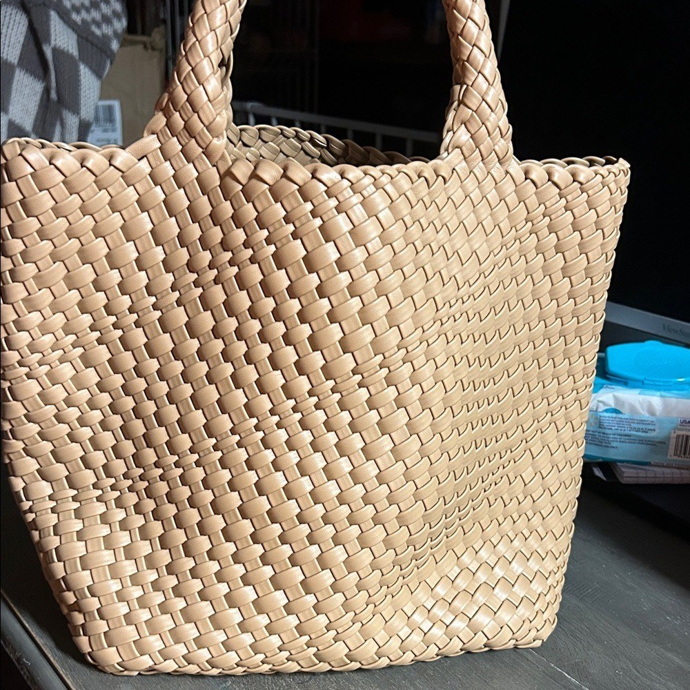 Faux Leather  Tan Woven Tote Bag