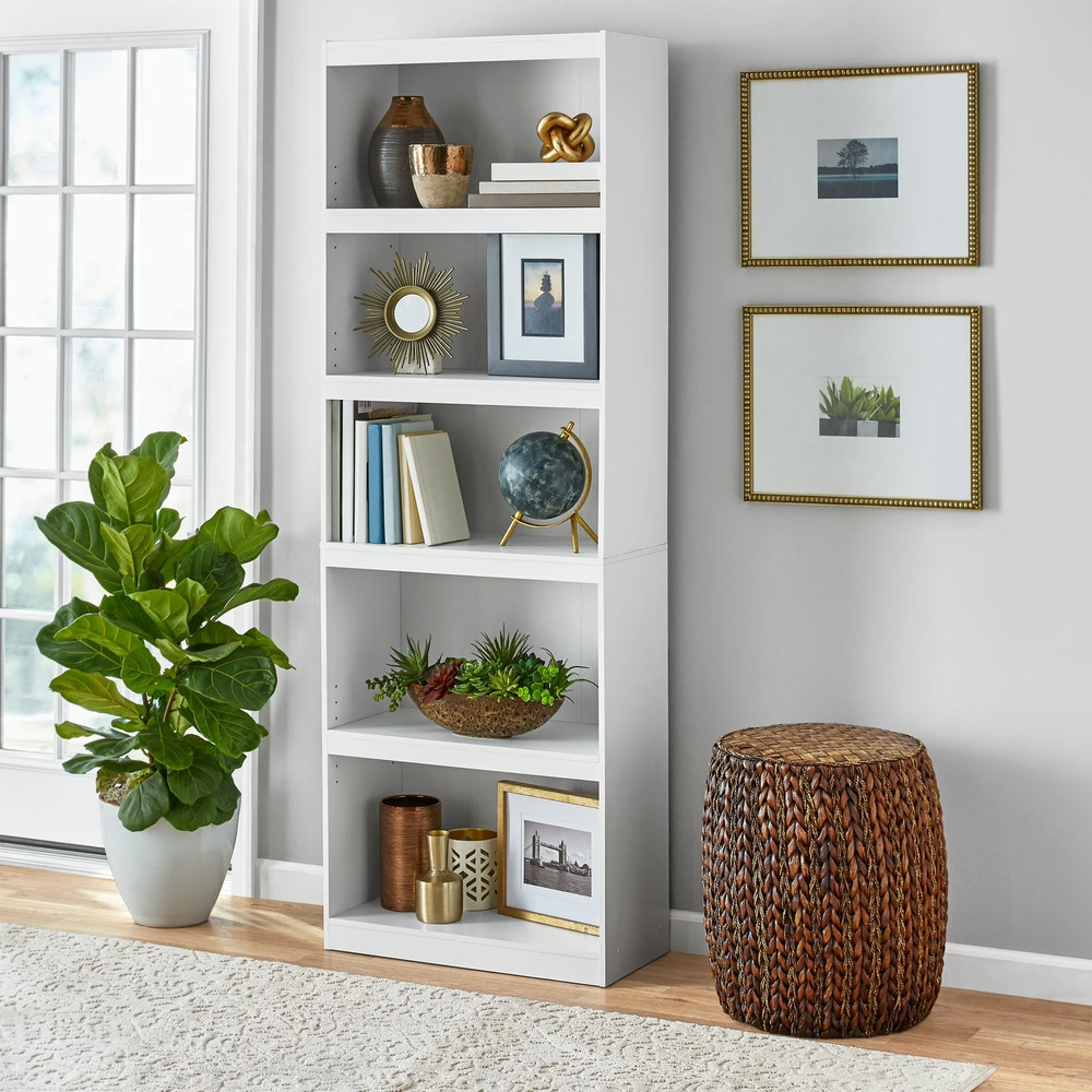 Framed 5-Shelf Bookcase with Adjustable Shelves, White
