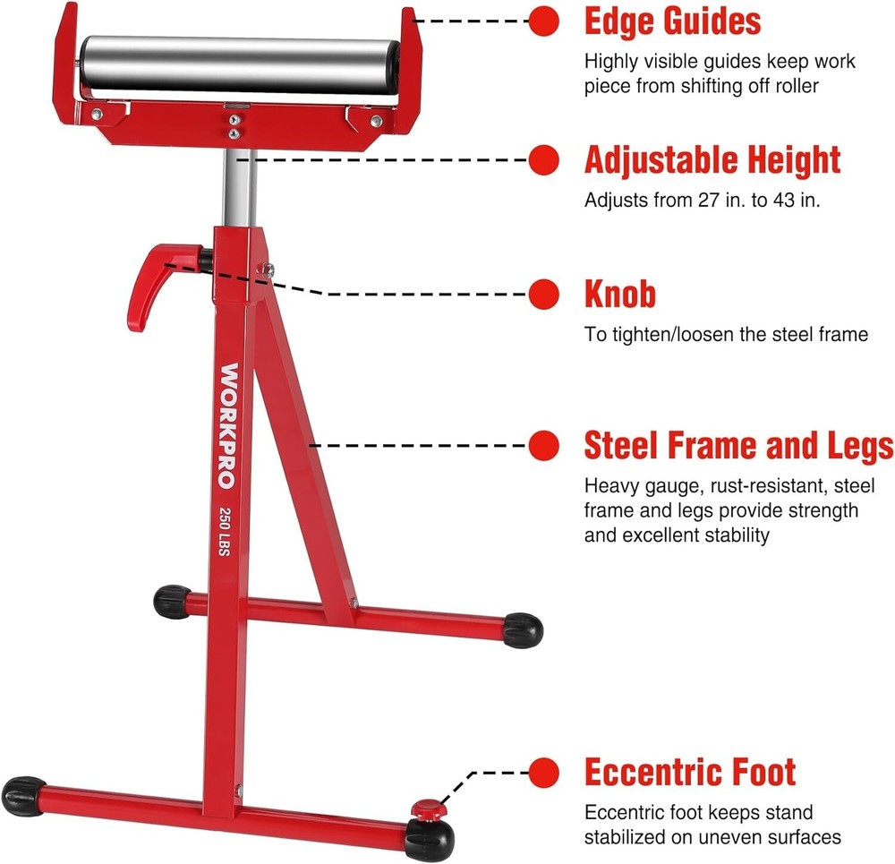 WORKPRO Heavy Duty Folding Roller Stand Height Adjustable 250LB Load Capacity US