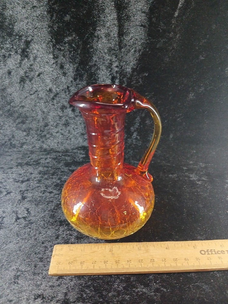 Crackle Glass Amberina Pitcher Applied Handle