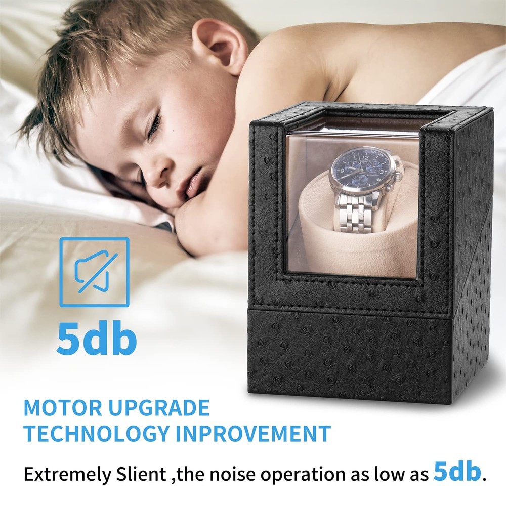 Efaithtek Automatic Single Watch Winder in Black Ostrich Pattern Leather