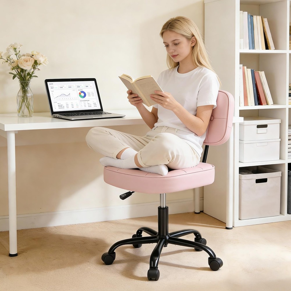 Home Office Desk Chair - Ergonomic Armless PU Leather Computer Rolling Task C...
