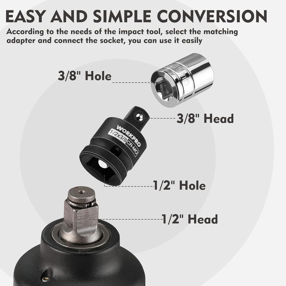 WORKPRO 4-Piece Impact Socket Adapter and Reducer Set, 1/4", 3/8", 1/2" Drive So